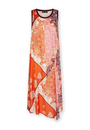 Sukienka maxi bez rękawów z okrągłym dekoltem, z wzorem patchwork paisley w kolorach pomarańczowym, różowym i bordowym oraz asymetrycznym dołem.