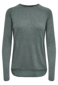 Grüner Pullover mit langen Ärmeln, runder Ausschnitt, strukturiertem Strickstoff und einem leicht verlängerten hinteren Saum.