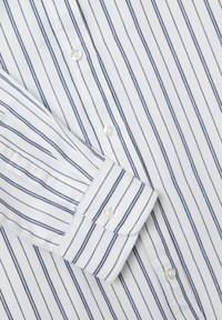 Camicia bianca con bottoni, caratterizzata da strisce verticali blu, maniche lunghe e polsini con dettaglio a bottone. Tessuto dalla texture liscia.