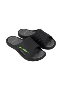 Infradito neri con tomaia perforata, suola grigia imbottita e logo "rider" verde. Presentano un design minimale e una texture liscia.