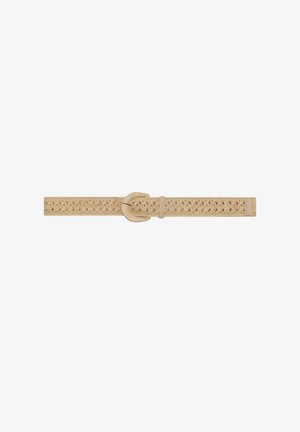 Ceinture beige tissée avec boucle ronde enveloppée et passant en cuir, présentant un motif en maille ouverte croisée.