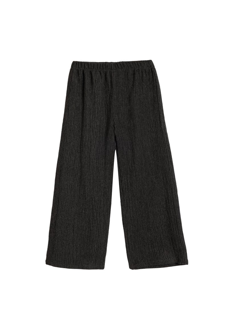 Zwarte wijde broek met een textuur van ribbels en een elastische tailleband voor comfort en gemak.