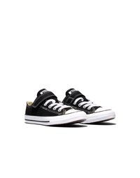 Black low-top sneakers with white laces, white rubber soles, and a Velcro strap on each shoe on a white background.