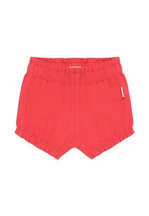Red cotton shorts with an elastic waistband, featuring gathered detailing at the hem and a small white label on the side.