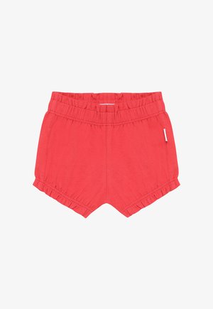 Rote Baumwollshorts mit elastischem Bund, mit gerafften Details am Saum und einem kleinen weißen Etikett an der Seite.