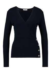 Granatowy sweter zapinany na jeden bok, z długimi rękawami, o prążkowanej fakturze i ozdobnych srebrnych guzikach z jednej strony. Miękki, elastyczny materiał.