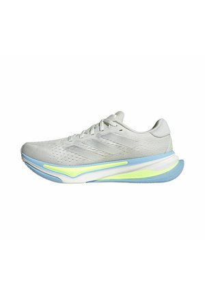 Chaussures de course légères avec une tige en maille grise respirante, des accents bleus et néon, et une semelle rembourrée pour un confort accru.