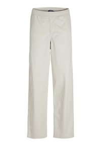 Pantaloni in cotone beige con un design a gamba dritta e una vita elasticizzata. Texture liscia, senza motivi visibili o decorazioni.