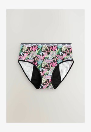 Magas derekú fekete alsónemű színes virágmintával és fehér elasztikus szalaggal, amelyen a márkaneve szerepel. Kontrasztos fekete oldalsávokkal rendelkezik.