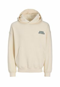 Cream-colored hoodie with a front pocket, relaxed fit, and ribbed cuffs. Features "APRIL STUDIOS" logo in dark blue on the chest.