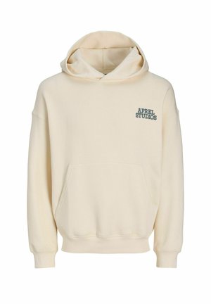 Kreemivärviline kapuutsiga dressipluus esikoti ja vabalt langetatud lõikega, millel on soonikkoes mansetid. Rindkere peab "APRIL STUDIOS" logo tumehallis.