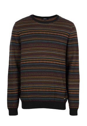 Langärmliger Pullover mit Rundhalsausschnitt und horizontalen Streifen in Schwarz, Orange, Gelb, Blau und Rot sowie gerippten Bündchen und Saum.