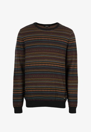 Langärmliger Pullover mit Rundhalsausschnitt und horizontalen Streifen in Schwarz, Orange, Gelb, Blau und Rot sowie gerippten Bündchen und Saum.
