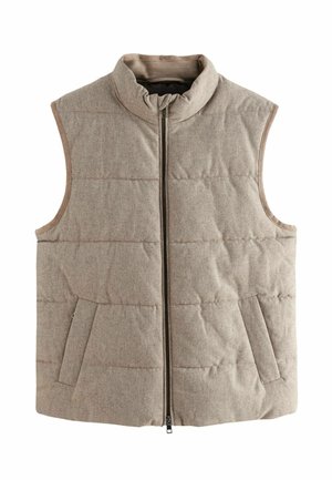 Gepolsterte, ärmellose Weste aus hellbraunem Stoff mit hohem Kragen, vorderem Reißverschluss und seitlichen Taschen mit horizontalem Steppmuster.