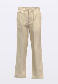 Beige broek met een losse pasvorm, voorzien van een vlak voorkant, twee zijzakken en een enkele knoopsluiting in de taille. Soepele textuur.