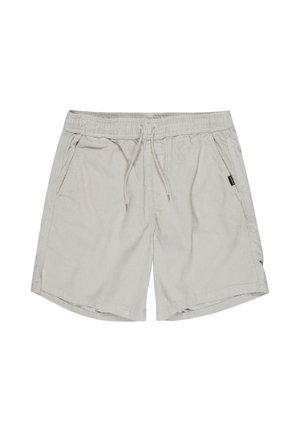 Jasnoszare casualowe szorty z elastycznym pasem, sznurkiem do regulacji i bocznymi kieszeniami, wykonane z lekkiego materiału.