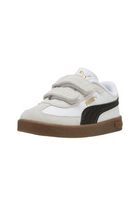 Sneaker Puma bianco e beige con striscia nera, due fasce in velcro, logo dorato e suola di gomma marrone su uno sfondo bianco.