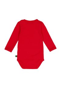 Rode longsleeve bodysuit van zacht materiaal, met een ronde hals en drukknoopsluiting aan de onderkant voor eenvoudig aankleden.