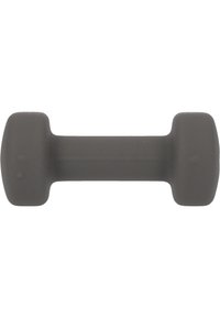 Grijze plastic dumbbell met een matte afwerking, korte cilindrische vorm en vergrote uiteinden voor grip. Ontworpen voor krachttraining.