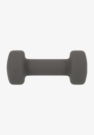 Haltère en plastique gris avec une finition mate, de forme cylindrique courte et de bouts élargis pour une meilleure prise. Conçu pour l'entraînement de force.