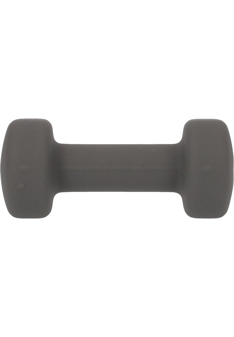 Grijze plastic dumbbell met een matte afwerking, korte cilindrische vorm en vergrote uiteinden voor grip. Ontworpen voor krachttraining.