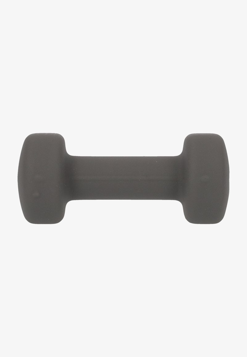 Grijze plastic dumbbell met een matte afwerking, korte cilindrische vorm en vergrote uiteinden voor grip. Ontworpen voor krachttraining.