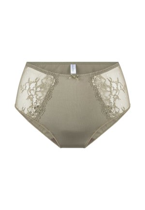 Hoog opgesneden naadloze onderbroek in huidskleur met een geribbelde textuur, kanten accenten aan de zijkanten en een klein strikje in het midden. Gladde, rekbare stof.