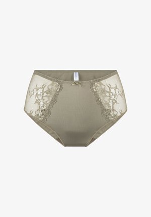 Høj talje nude trusser med ribbet tekstur, blonde detaljer i siderne og en lille sløjfedetalje i midten. Glat, strækbart stof.