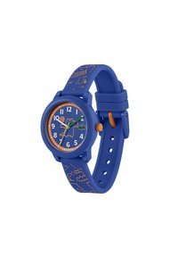 Orologio in silicone blu con cassa rotonda e accenti arancioni. Il quadrante mostra indici delle ore bianchi e un design giocoso di coccodrillo.