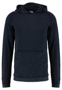 Sweat à capuche bleu foncé avec manches longues, poche avant et coutures apparentes, présenté sur fond uni.