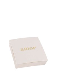 Square beige jewelry box with gold "amor" text centered on the lid against a white background.