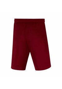 Bordeaux sportshorts met een elastische tailleband, een gladde textuur en een lengte tot boven de knie. Geen zichtbare zakken of versieringen.