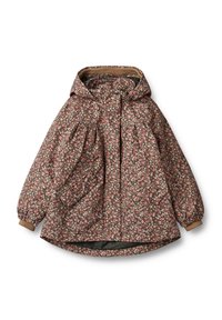 Giacca con cappuccio a motivo floreale in marrone scuro, caratterizzata da una texture trapuntata, polsini elasticizzati e una vestibilità morbida per il massimo comfort.