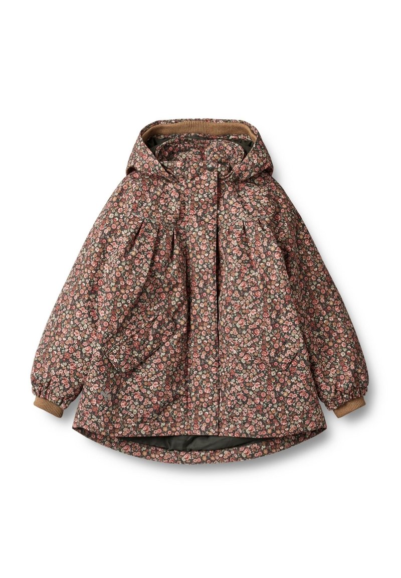 Giacca con cappuccio a motivo floreale in marrone scuro, caratterizzata da una texture trapuntata, polsini elasticizzati e una vestibilità morbida per il massimo comfort.