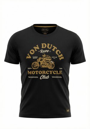 Camiseta negra con gráfico dorado de estilo vintage de un motociclista y texto "Von Dutch Racing Motorcycle Club, Venice Beach, Ciudad de Los Ángeles, Est. 1929."