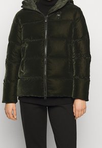 Tmavě zelená péřová bunda s jemnou texturou, se zipovým zapínáním a kapucí. Obsahuje šité panely a boční kapsy. Nositá přes černý rolák.