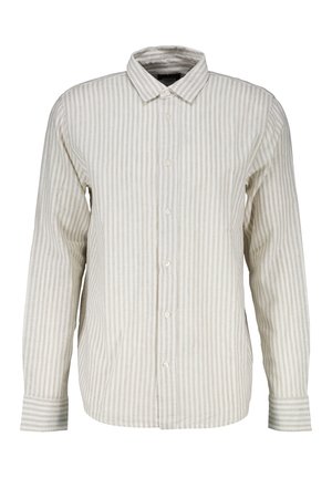 Beige und weiße, vertikal gestreifte Hemd mit langen Ärmeln, klassischem Kragen und Knöpfen an den Manschetten, frontseitig präsentiert.