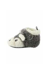 Chausson gris et blanc en fausse fourrure, ressemblant à un hérisson. Doté d'un dessus en texture douce, d'un orteil arrondi et d'yeux noirs. Boucle au talon pour un enfilage facile.