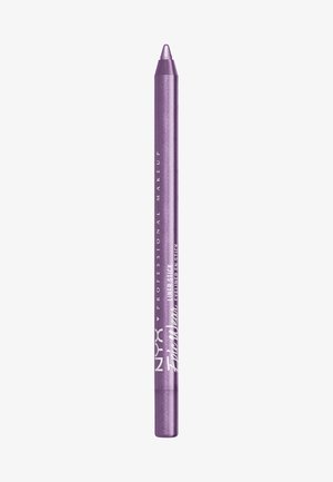 Eyeliner en crayon violet avec une finition métallique, doté d'une pointe effilée pour plus de précision. Nom de la marque et détails du produit imprimés en blanc.