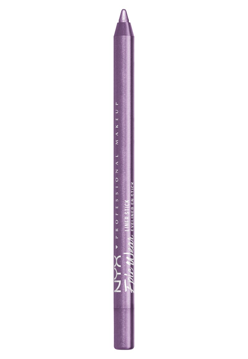 Eyeliner en crayon violet avec une finition métallique, doté d'une pointe effilée pour plus de précision. Nom de la marque et détails du produit imprimés en blanc.