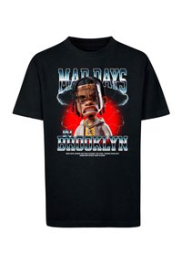 T-shirt en coton noir avec un imprimé graphique d'un personnage de dessin animé, texte "MAD DAYS IN BROOKLYN" et accents de foudre colorés.