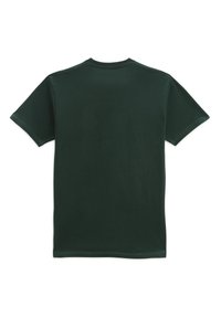 Camiseta de manga corta de color verde oscuro, con escote redondo, hecha de tela de algodón suave, sin patrones ni detalles visibles, diseño liso en la parte de atrás.