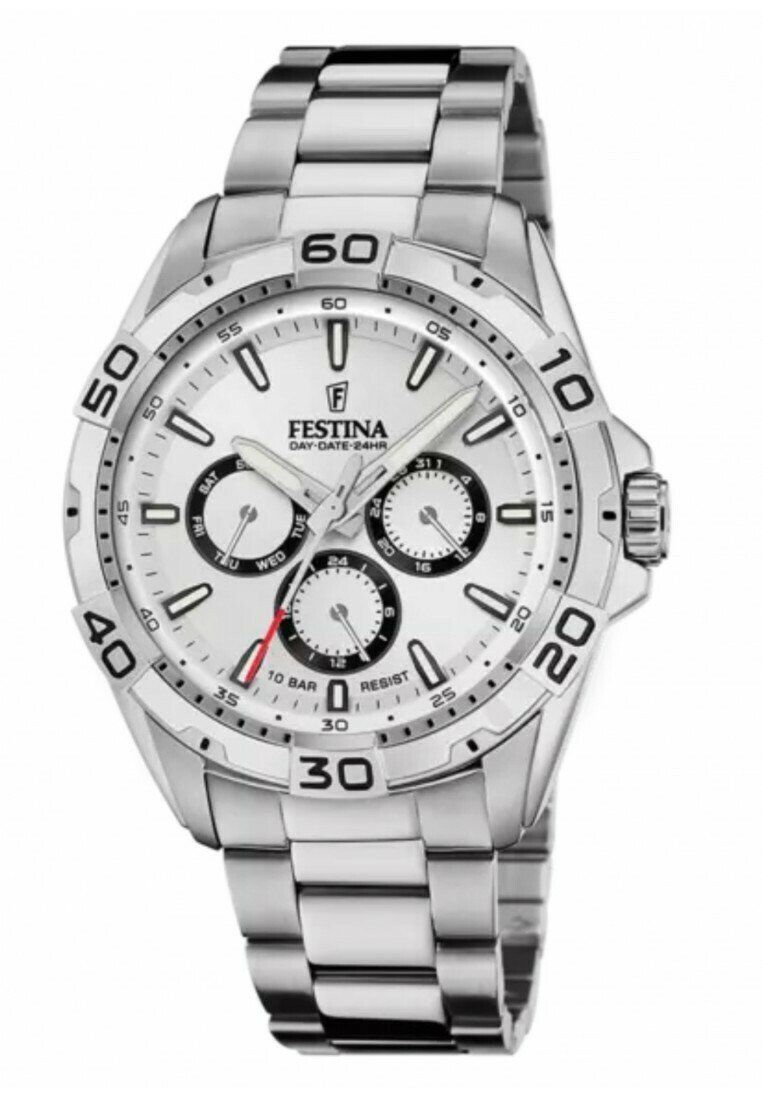 Montre en acier inoxydable argenté avec un cadran blanc, des sous-cadrans noirs et un affichage de la date. Dispose d'index horaires lumineux et d'une lunette tachymétrique.