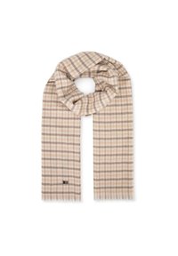 Écharpe à carreaux beige et crème en tissu doux, présentant un motif tissé avec des bords à franges et une petite étiquette de marque à une extrémité.