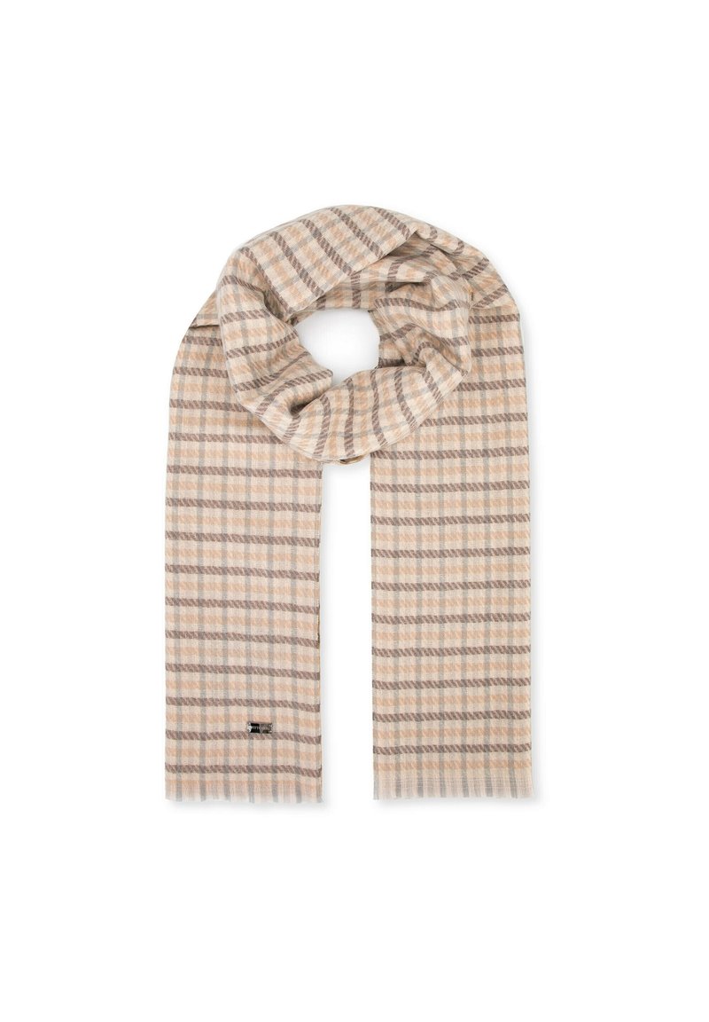 Écharpe à carreaux beige et crème en tissu doux, présentant un motif tissé avec des bords à franges et une petite étiquette de marque à une extrémité.