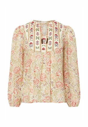 Blusa con un estampado floral en colores pastel, que presenta rayas verticales bordadas y un escote en forma de ojal, con mangas abullonadas y una textura suave.