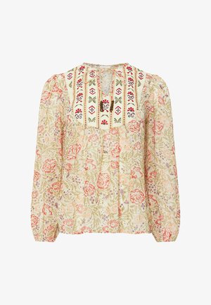 Blouse met een bloemenpatroon in pastelkleuren, voorzien van geborduurde verticale strepen en een sleutelgat halslijn, met pofmouwen en een zachte textuur.