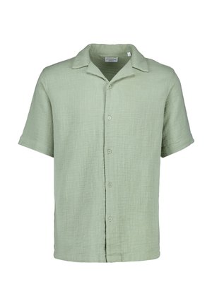 Light green short-sleeve button-up shirt with a relaxed fit, collar, and textured fabric.