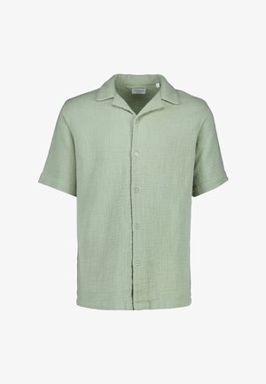 Light green short-sleeve button-up shirt with a relaxed fit, collar, and textured fabric.
