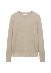 Beige ribbed knit sweater with long sleeves, round neckline, and cut-off hem. Fabric appears soft with a textured pattern.
